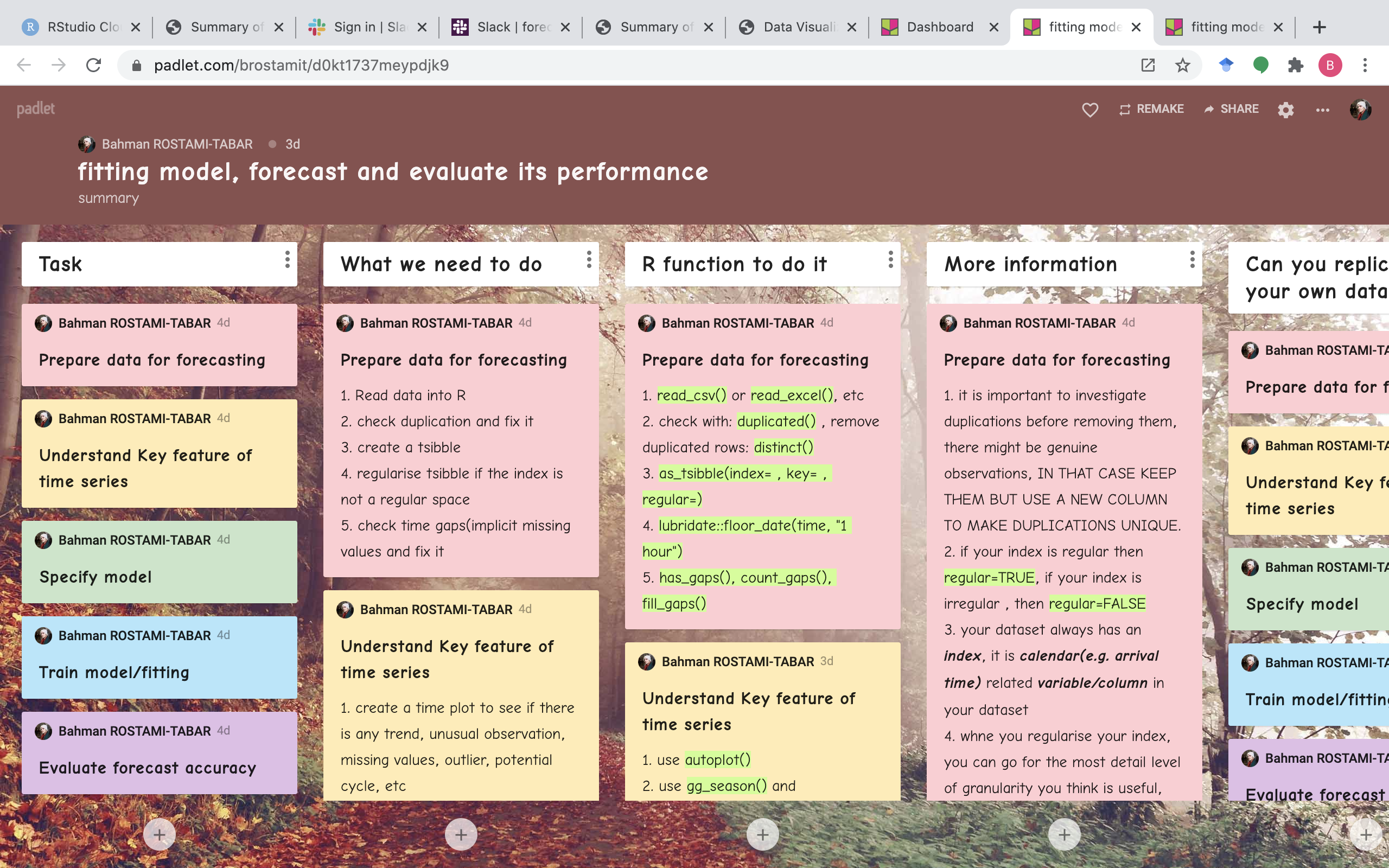 Using a Padlet shelf to summarises the practical steps in forecasting task in R
